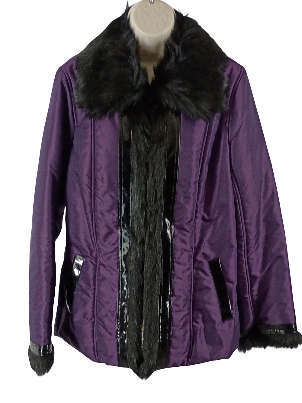 Dennis Basso Nylon Purple Jacket with Black Faux Fur Trim